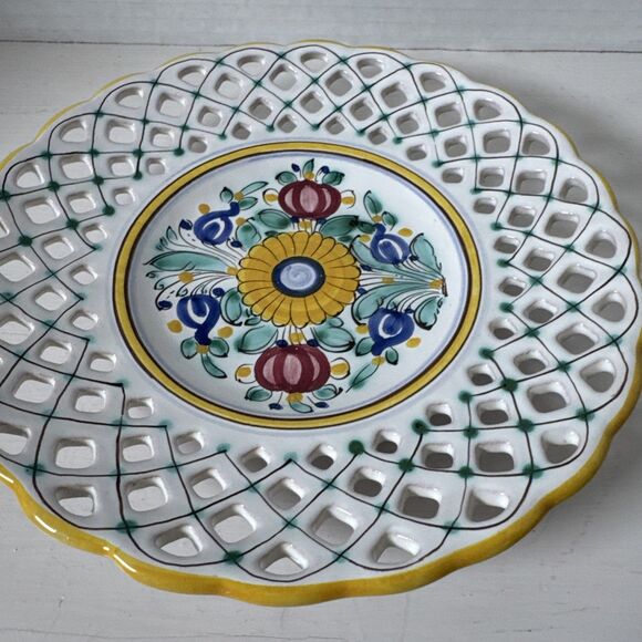 Modra Decorative Plate With  Reticulated Lattice Floral Yellow White Green vtg - Picture 3 of 8